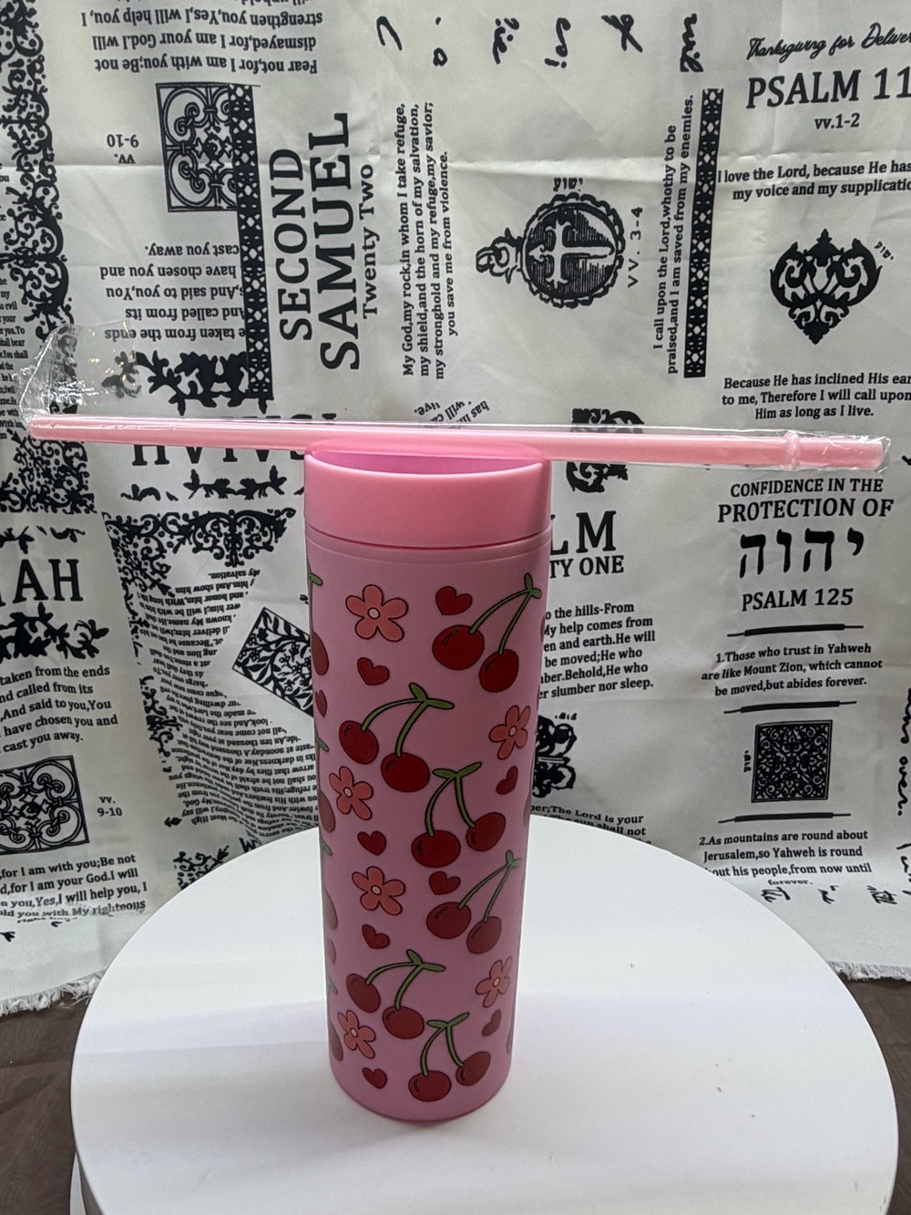 Pink Cherry Print Travel Tumbler with Straw